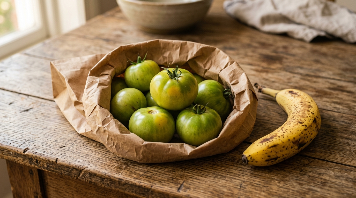 Tomates vertes et banane mûre dans un sac kraft