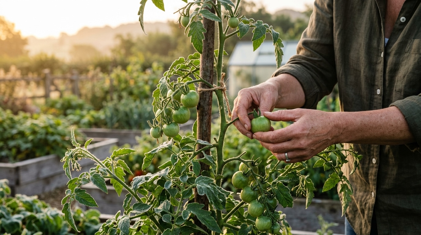 Mains cueillant une tomate verte sur un plant givré
