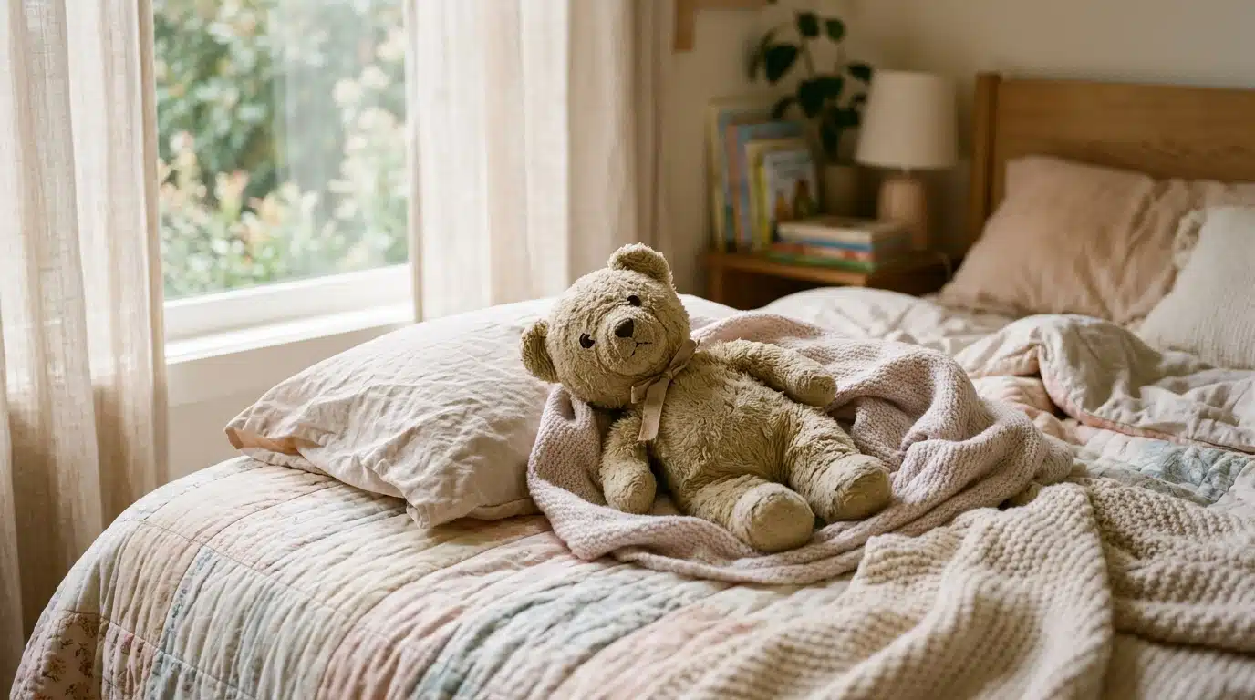 Peluche d'enfant posée sur un lit dans une chambre douce et lumineuse