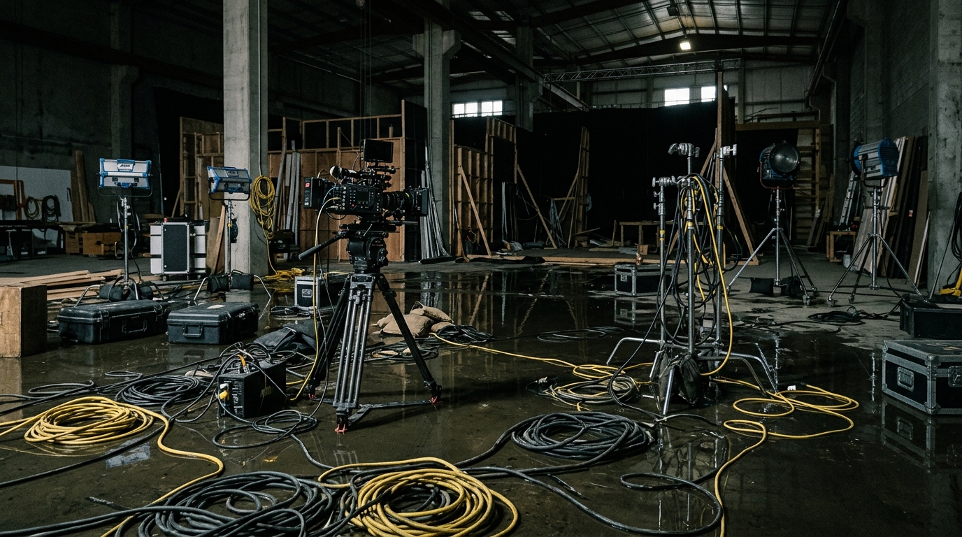 Plateau de tournage inondé avec matériel débranché