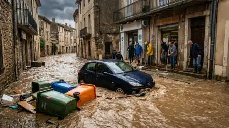 Rue inondée transformée en rivière de boue