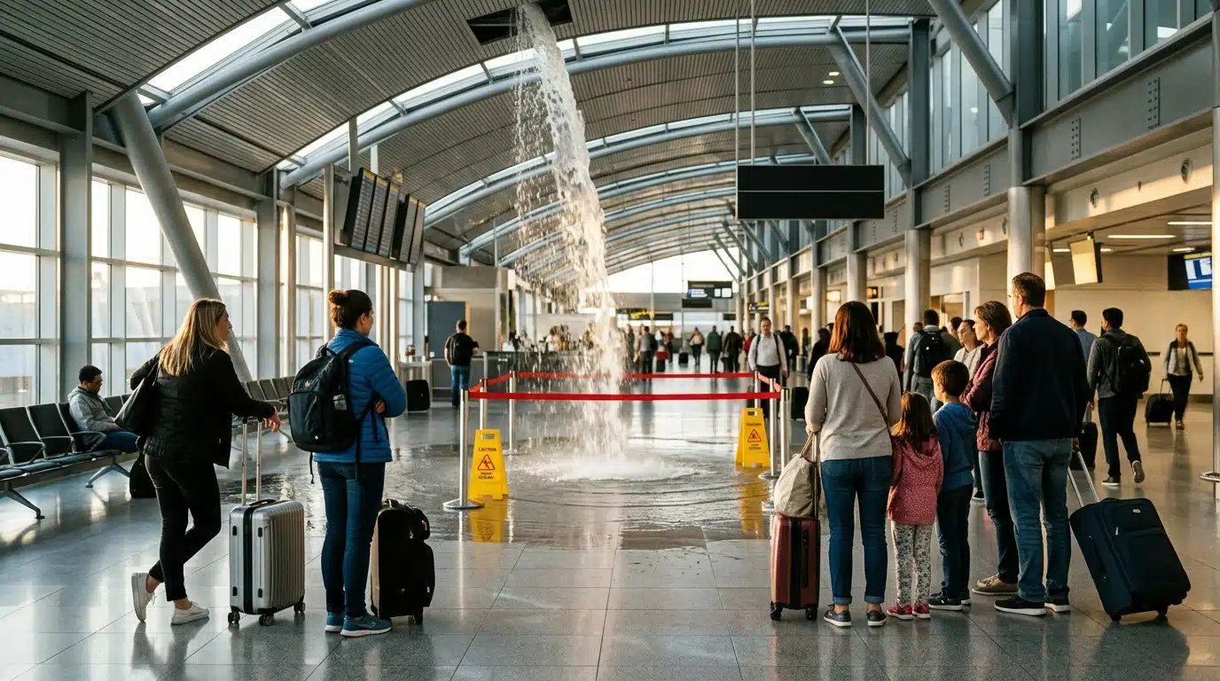 Eau tombant du plafond dans un terminal d'aéroport