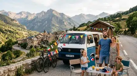 Famille en camping-car au bord de la route du Tour