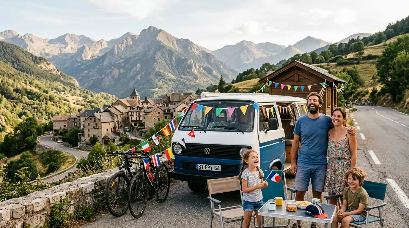 Famille en camping-car au bord de la route du Tour