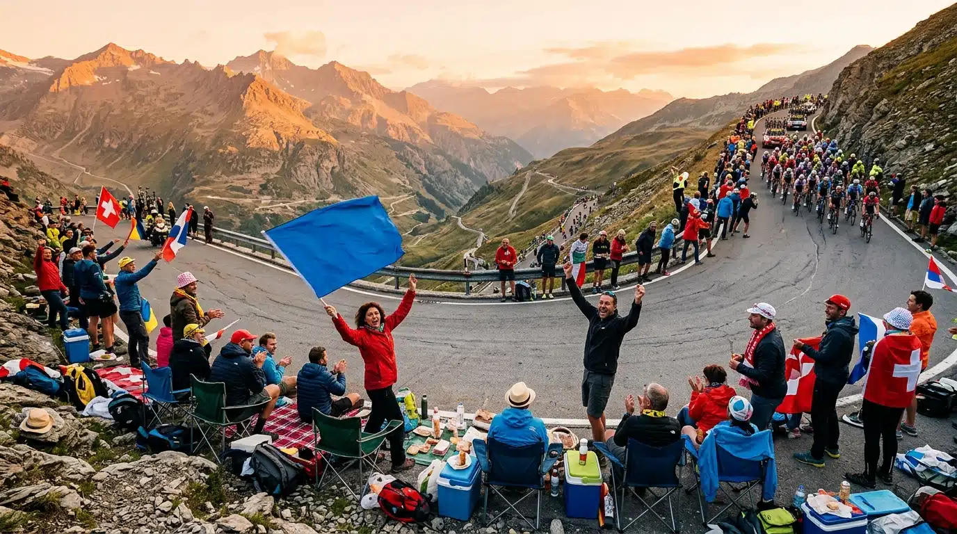 Spectateurs attendant le peloton dans un virage de col