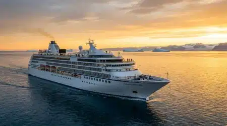 Grand navire de croisière naviguant près d'icebergs au coucher du soleil