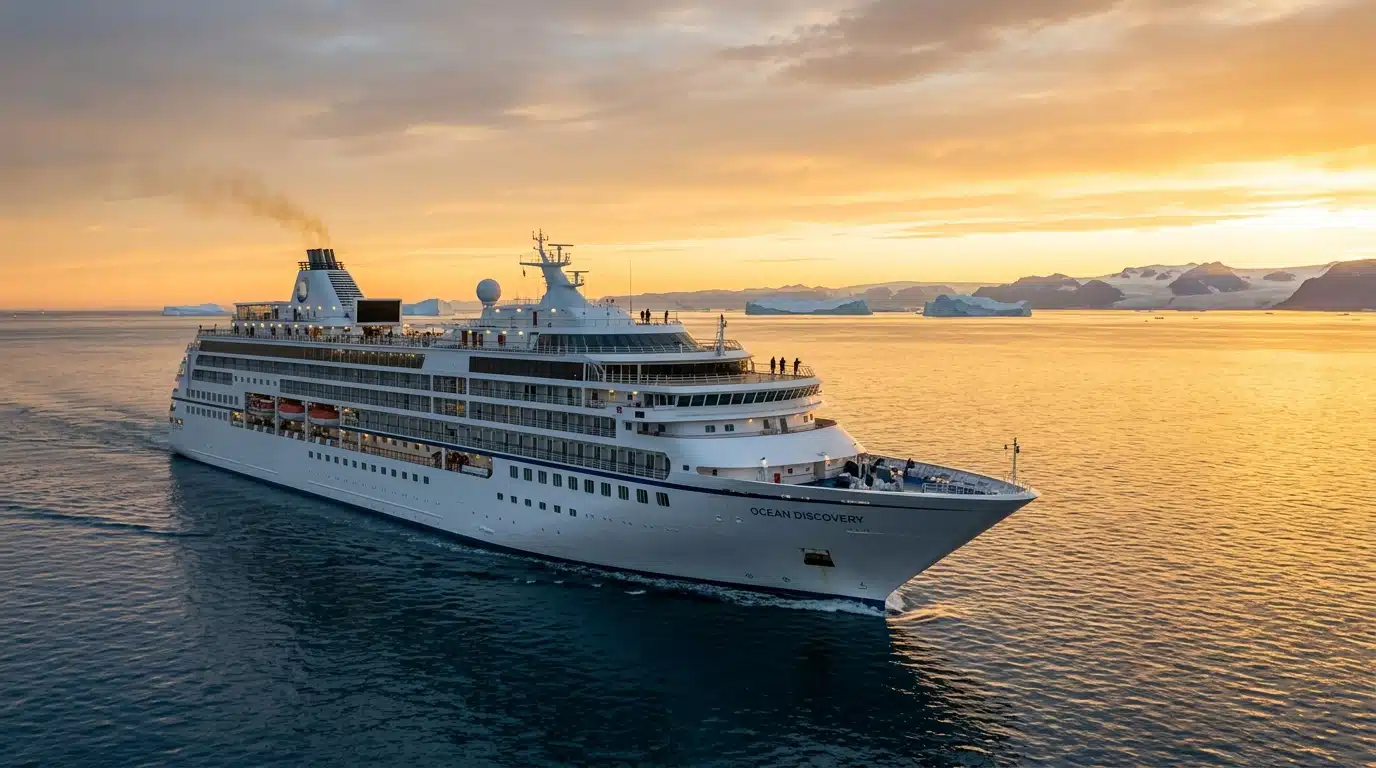 Grand navire de croisière naviguant près d'icebergs au coucher du soleil