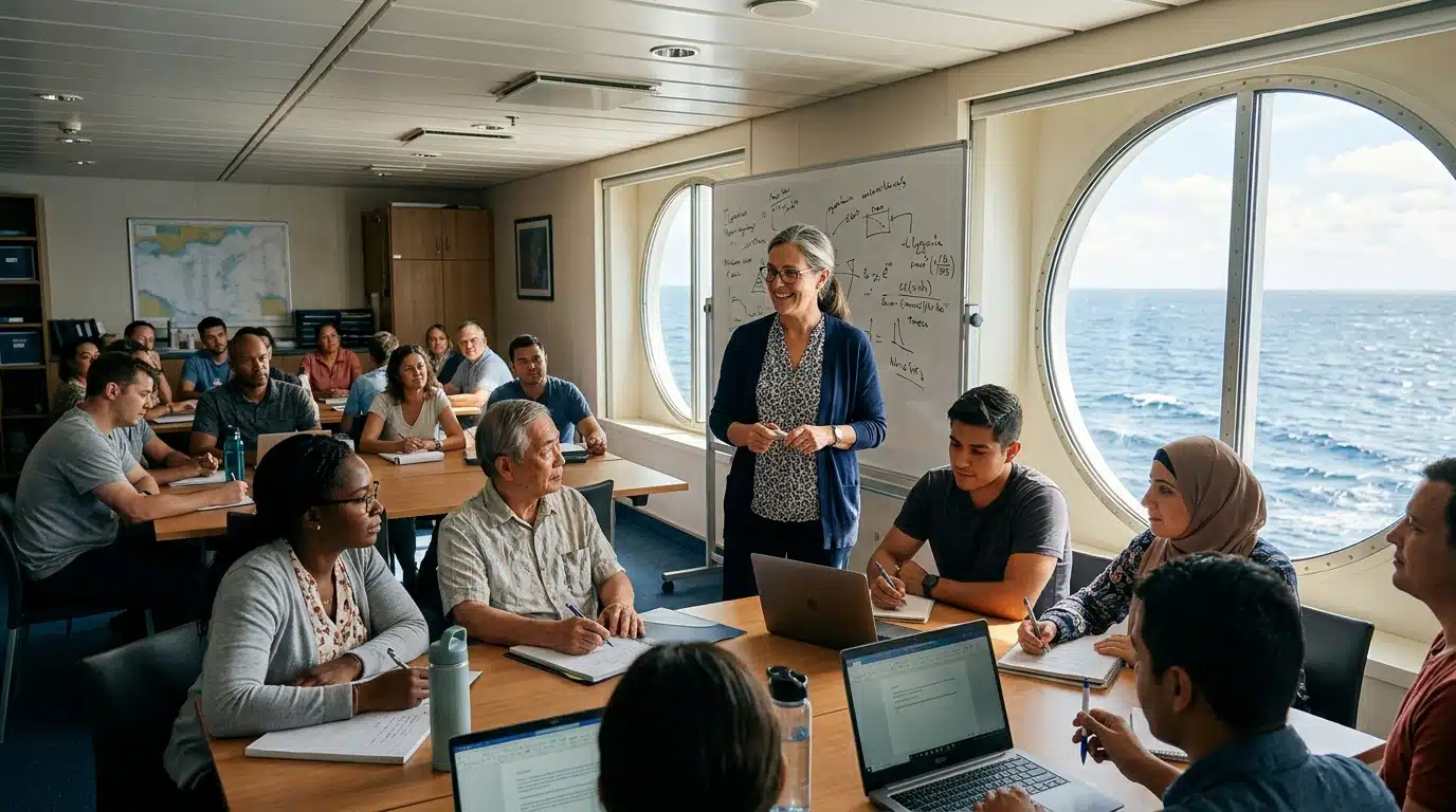 Cours de langue à bord d'un bateau avec élèves adultes
