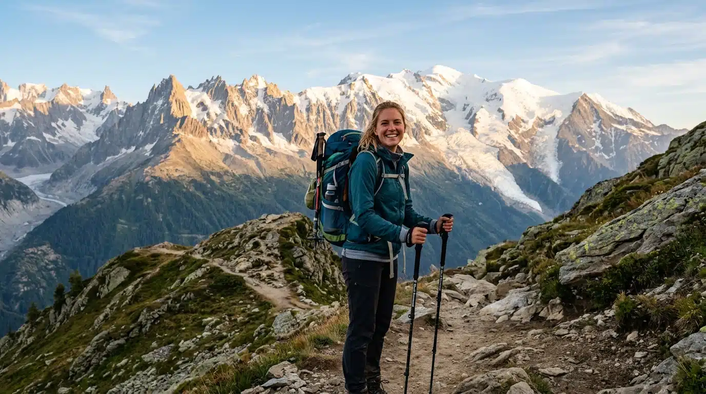 Randonneuse devant le massif du Mont-Blanc au lever du jour