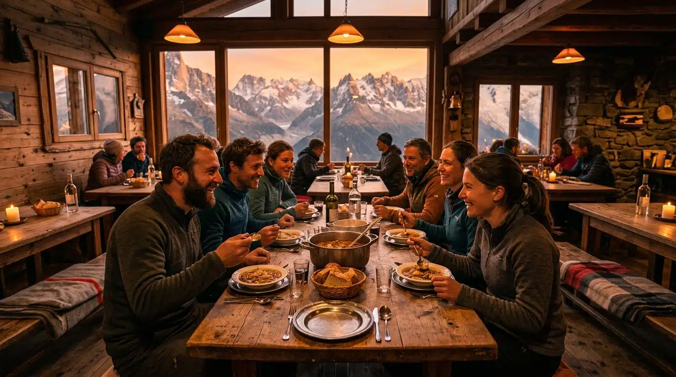 Randonneurs partageant un repas dans un refuge de montagne