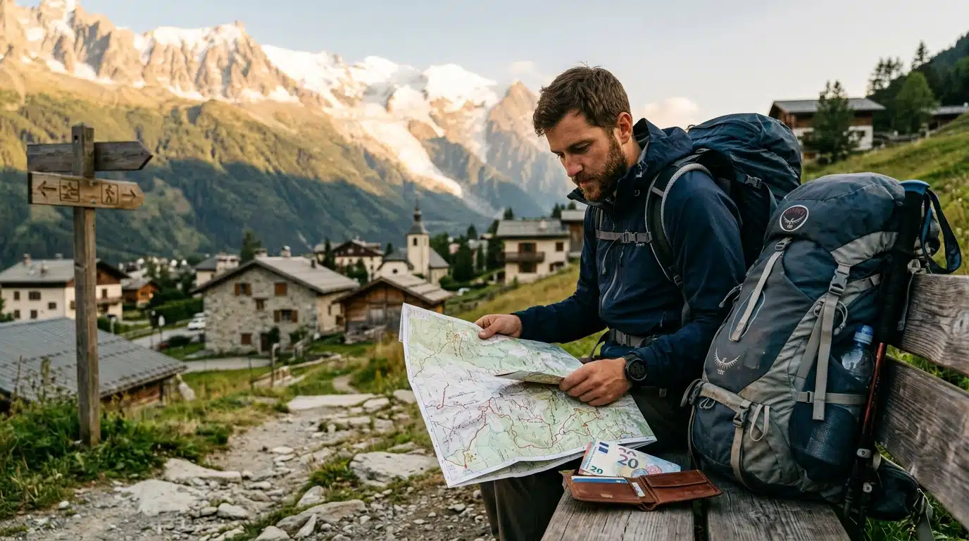 Randonneur vérifiant son budget avant de partir à Chamonix