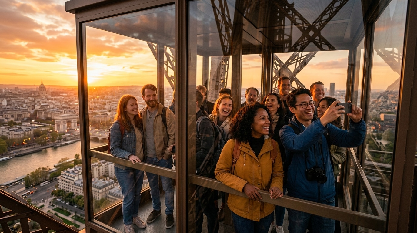 Touristes dans un ascenseur de la Tour Eiffel au coucher du soleil