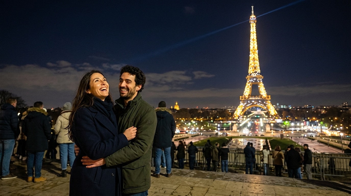 Couple admirant le scintillement doré de la Tour Eiffel