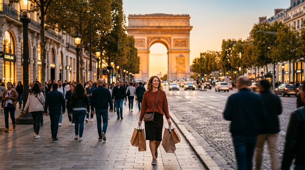 Touriste devant les boutiques des Champs-Élysées au coucher du soleil