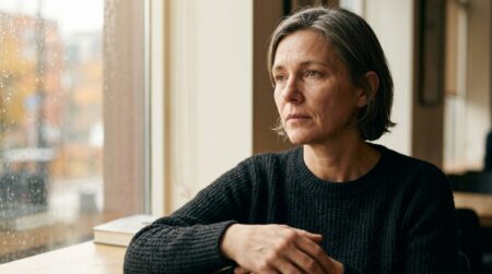 Femme pensive au regard fatigué près d'une fenêtre
