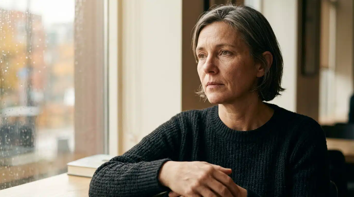 Femme pensive au regard fatigué près d'une fenêtre