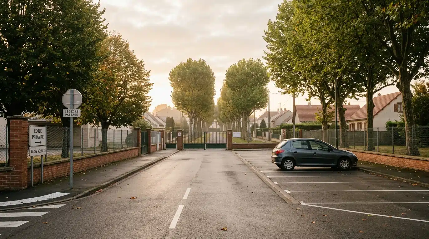 Parking vide devant un lycée au petit matin