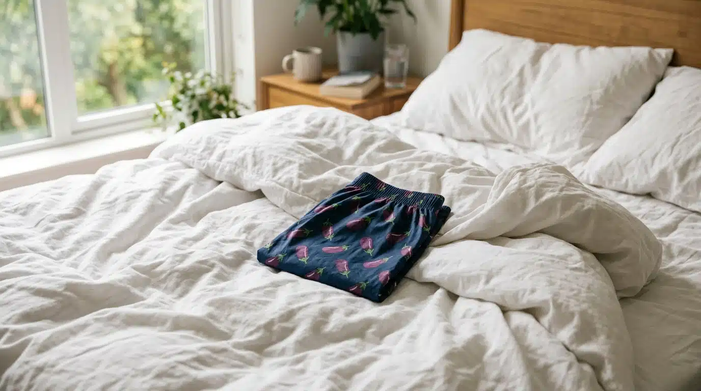 Caleçon à motif aubergines posé sur un lit défait
