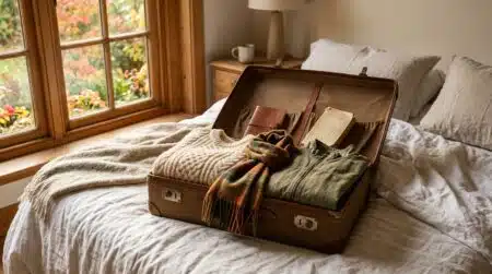 Valise ouverte avec pull léger et écharpe sur un lit