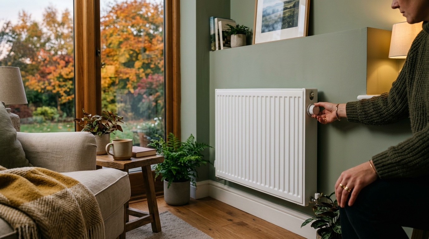 Main réglant un radiateur dans un salon au crépuscule