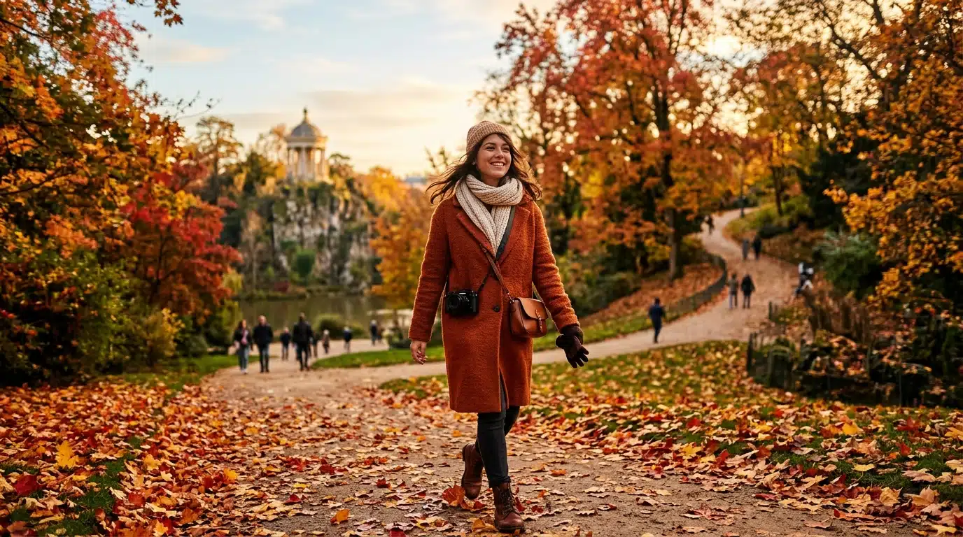 Promeneuse sur un sentier de feuilles rouges aux Buttes-Chaumont