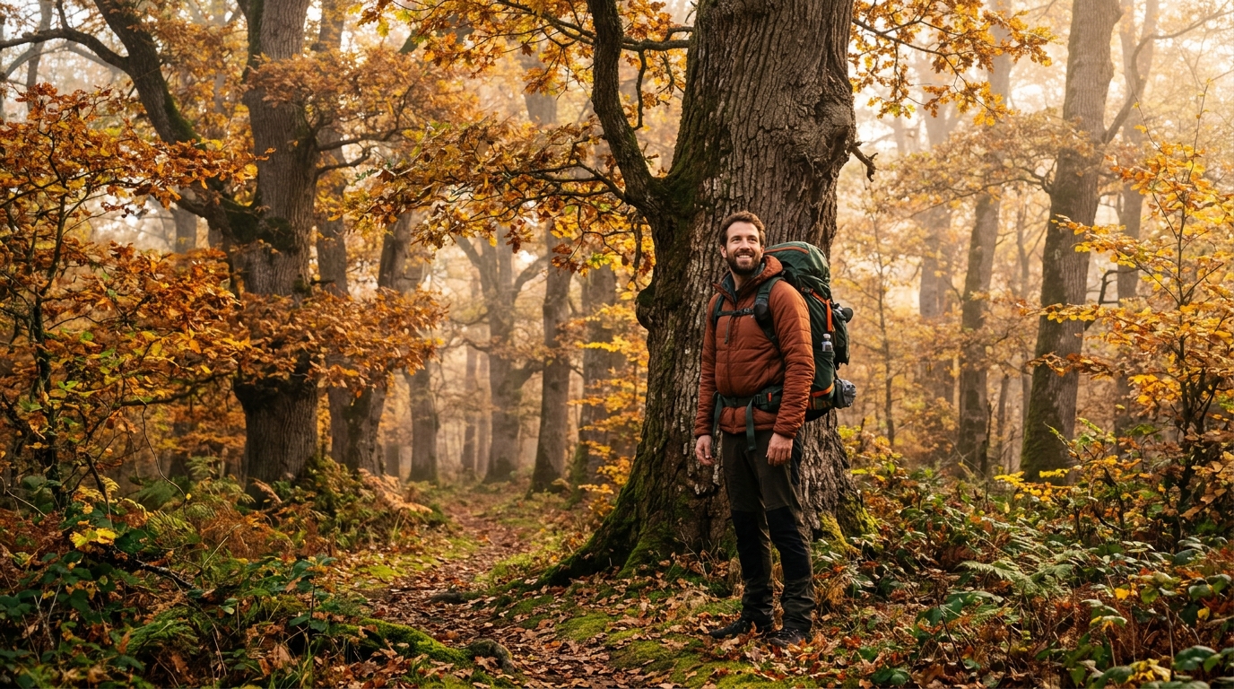 Randonneur parmi les chênes centenaires de la forêt de Tronçais