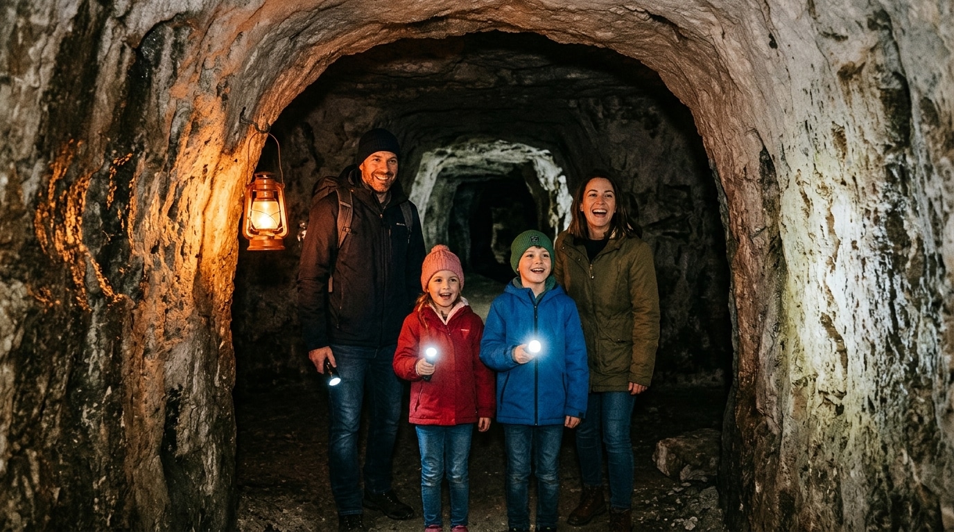 Famille avec lampes torches dans les boves d'Arras