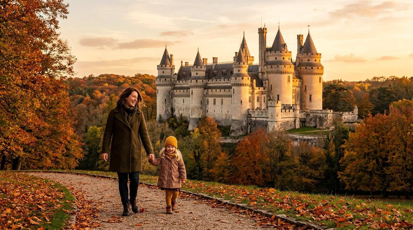 Château de Pierrefonds en automne avec une famille