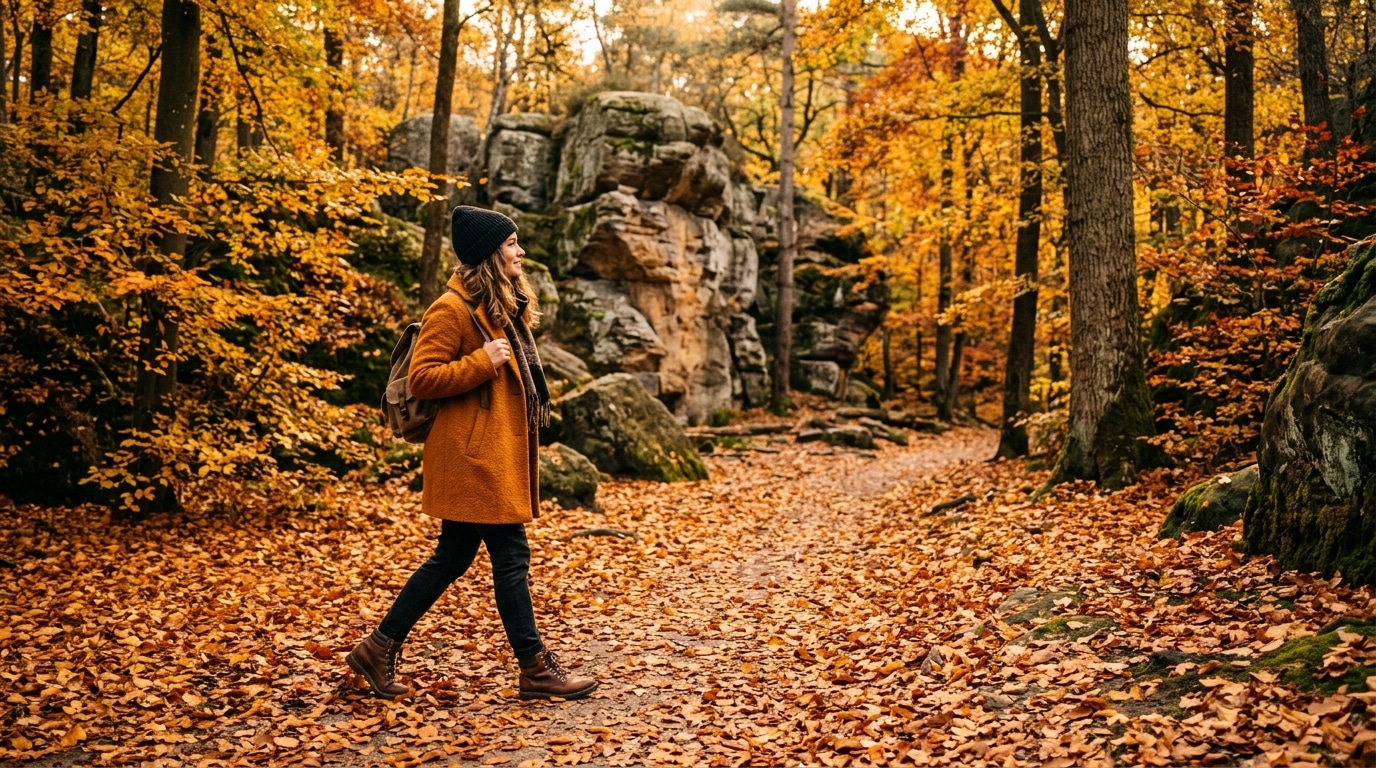 Randonneuse dans la forêt de Fontainebleau en automne