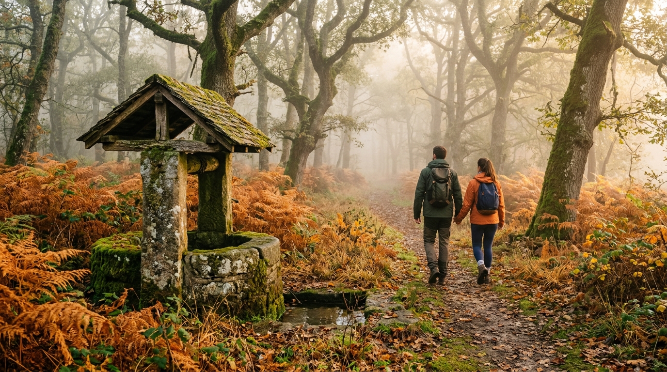 Couple en balade dans la brume de Brocéliande