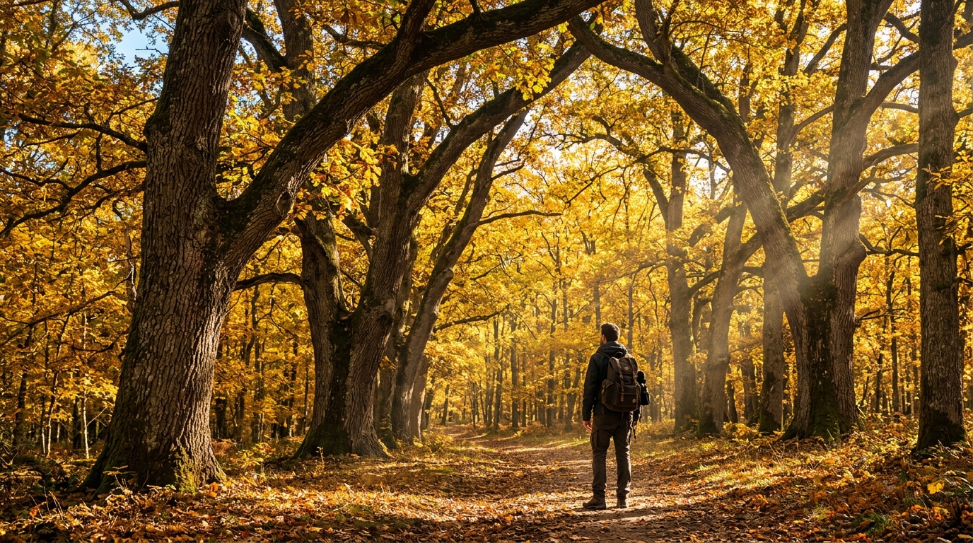 Randonneur sous les chênes dorés de la forêt de Tronçais