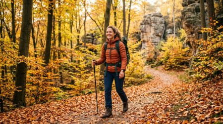 Randonneuse sur un sentier couvert de feuilles orangées en forêt
