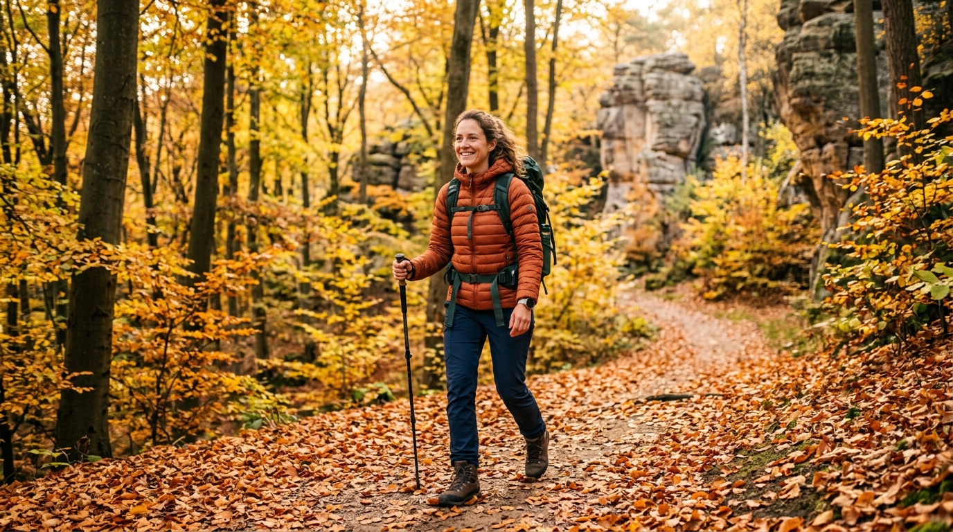 Randonneuse sur un sentier couvert de feuilles orangées en forêt