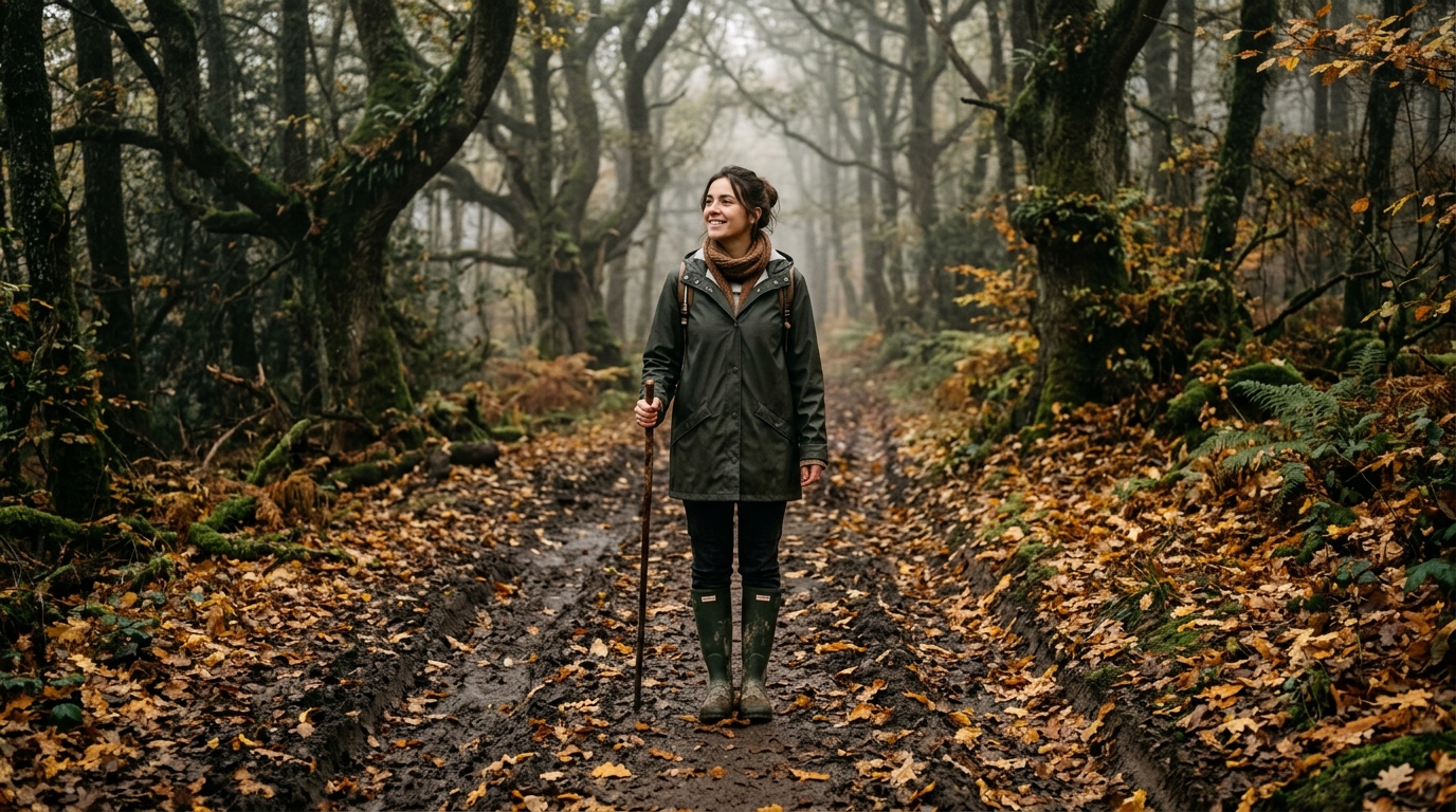 Promeneuse en ciré dans la brume de la forêt de Brocéliande