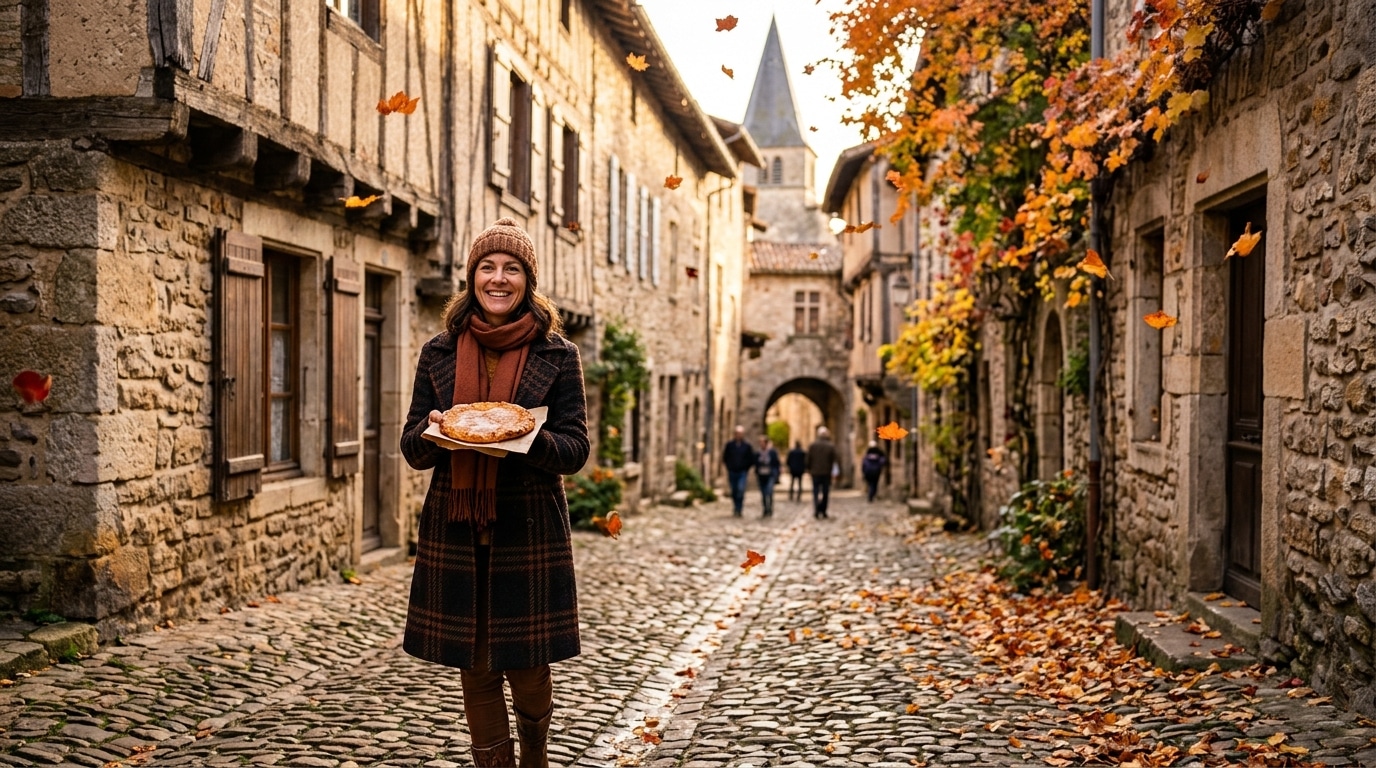 Ruelle médiévale de Pérouges en automne avec galette