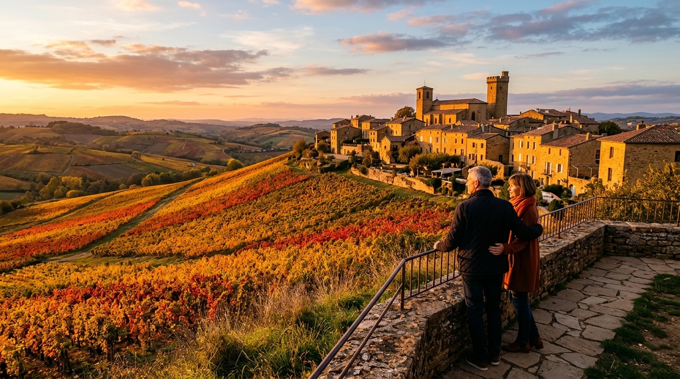 Village d'Oingt et vignes dorées au coucher du soleil