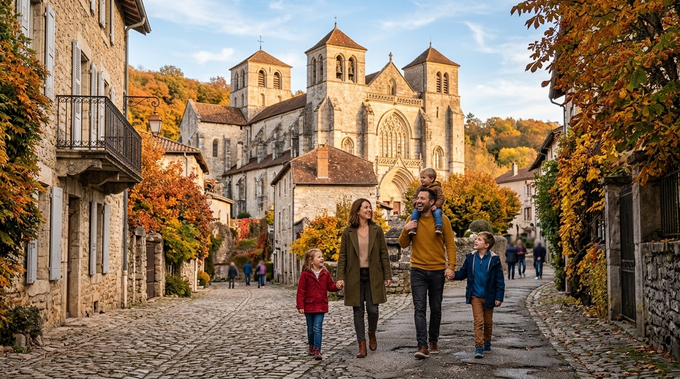 Famille devant l'abbaye de Saint-Antoine-l'Abbaye en automne