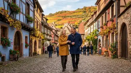 Couple se promenant dans les ruelles colorées d'Eguisheim en automne