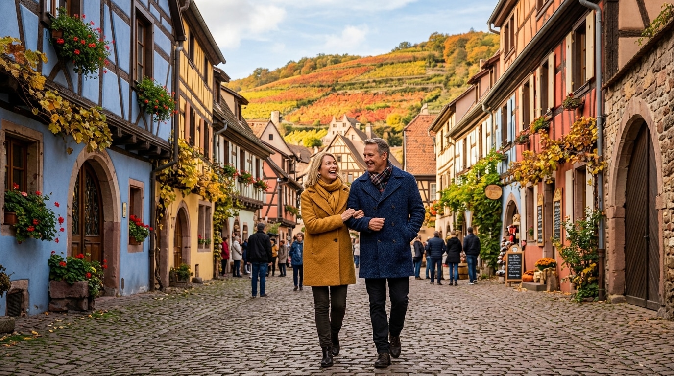 Couple se promenant dans les ruelles colorées d'Eguisheim en automne
