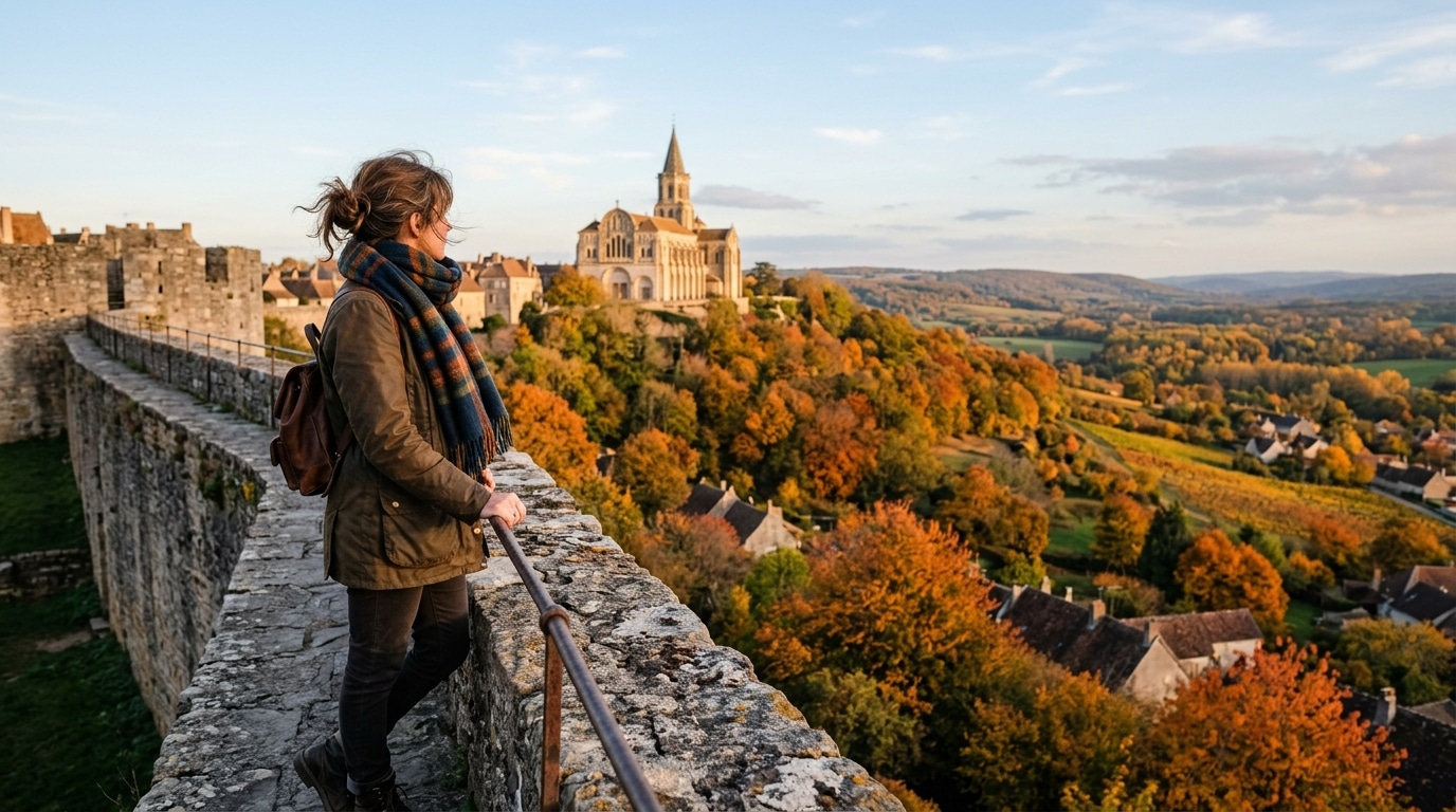 Femme face à la basilique de Vézelay et la forêt aux couleurs d'automne
