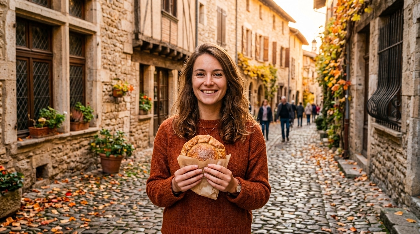 Femme souriante dégustant une galette dans le village médiéval de Pérouges