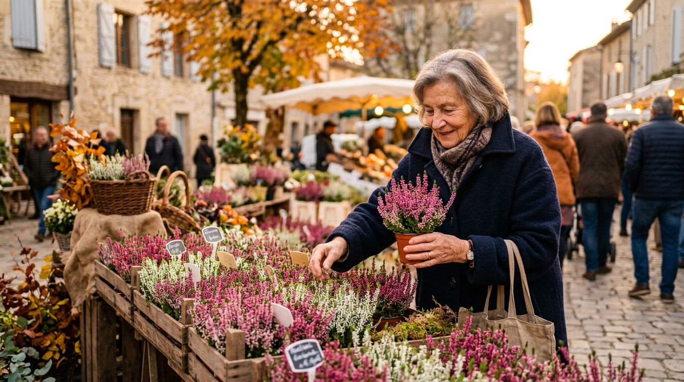 Femme choisissant de la bruyère chez un fleuriste