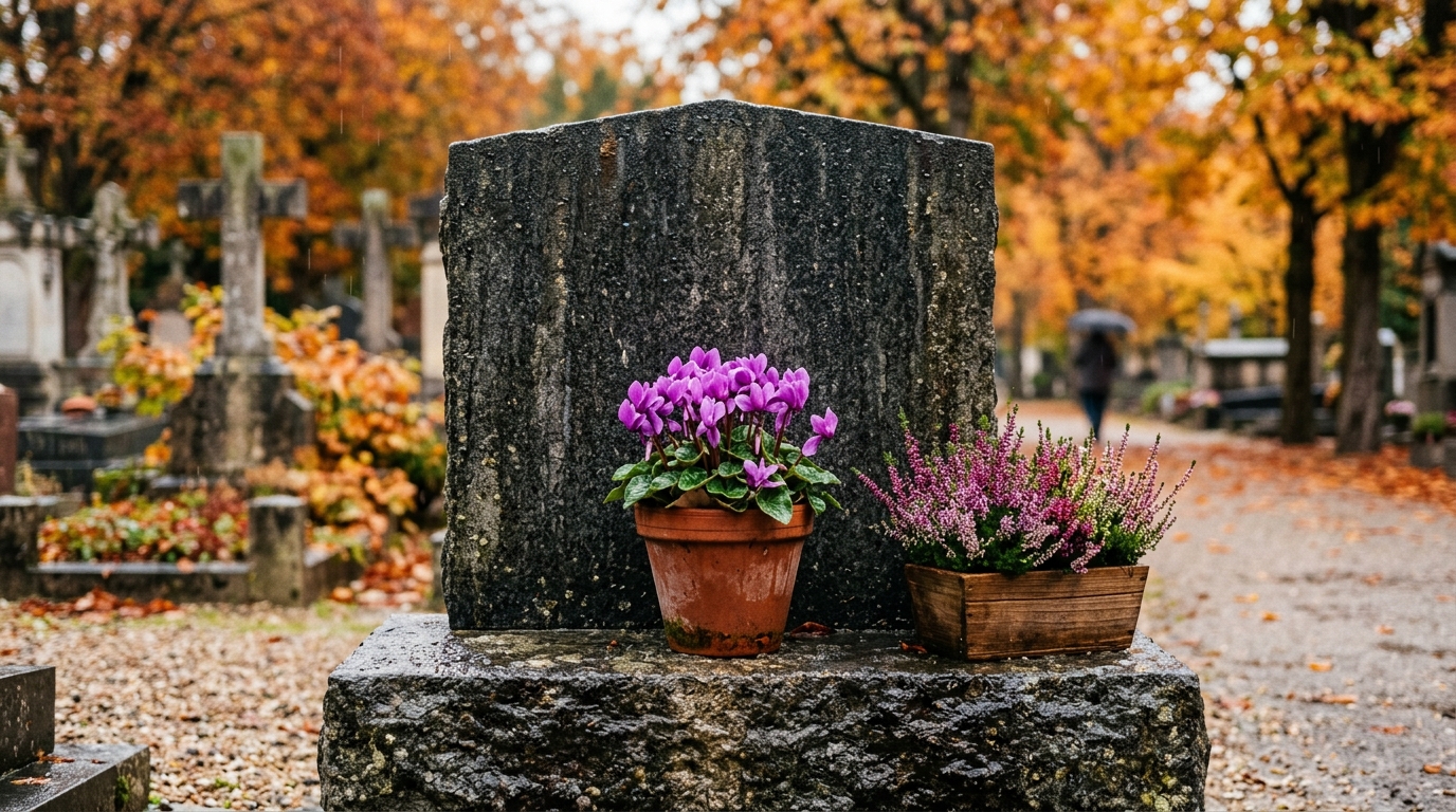 Cyclamen et bruyère déposés sur une tombe en granit