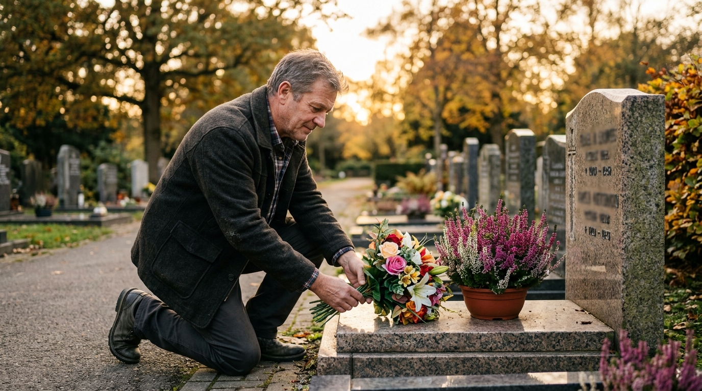 Homme fleurissant une tombe familiale à l'automne