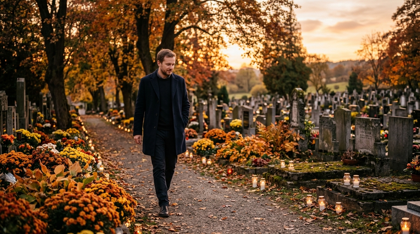 Homme se recueillant dans un cimetière fleuri à la Toussaint