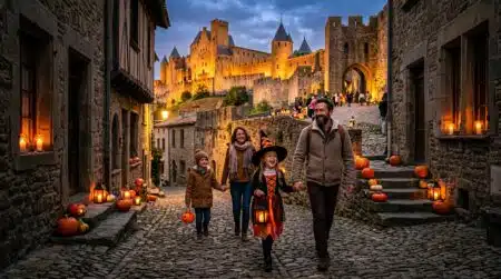 Famille en route vers les remparts de Carcassonne à la tombée de la nuit