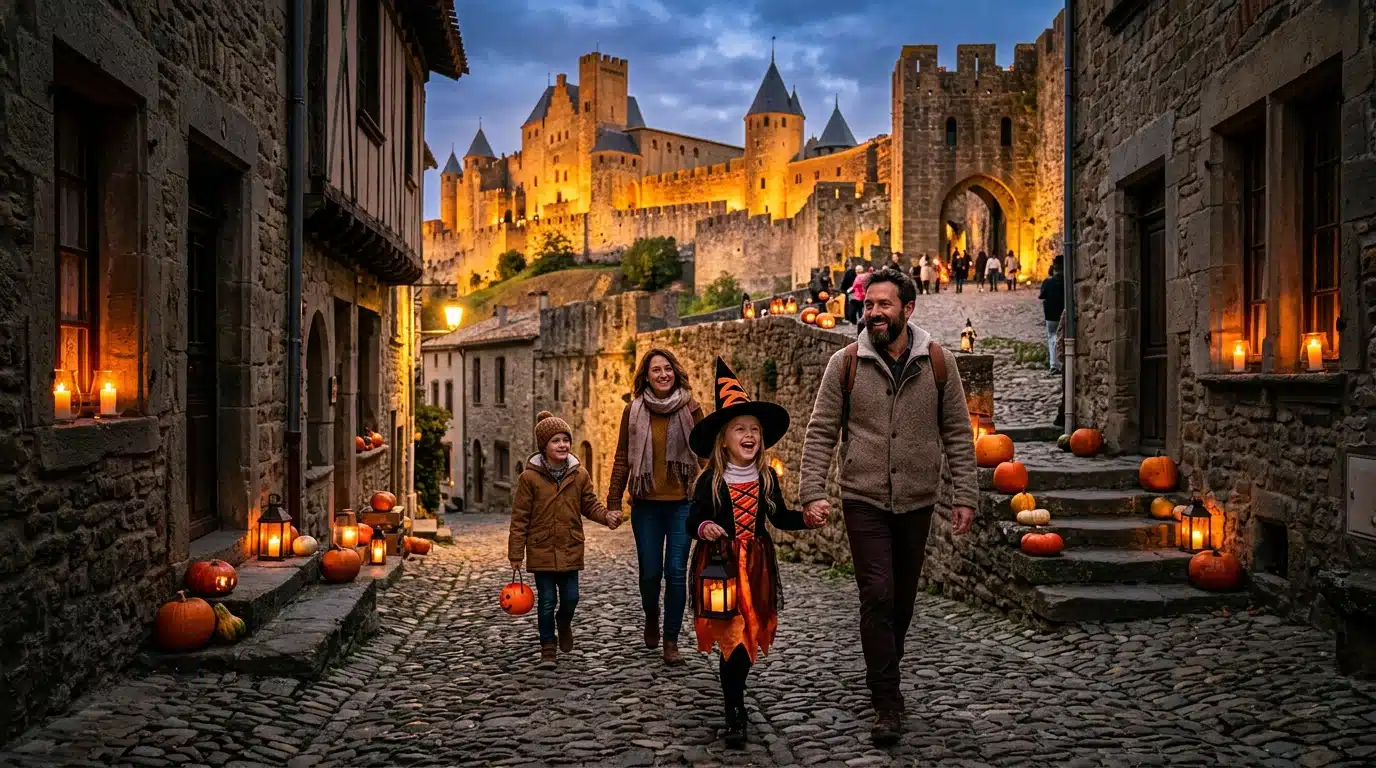 Famille en route vers les remparts de Carcassonne à la tombée de la nuit