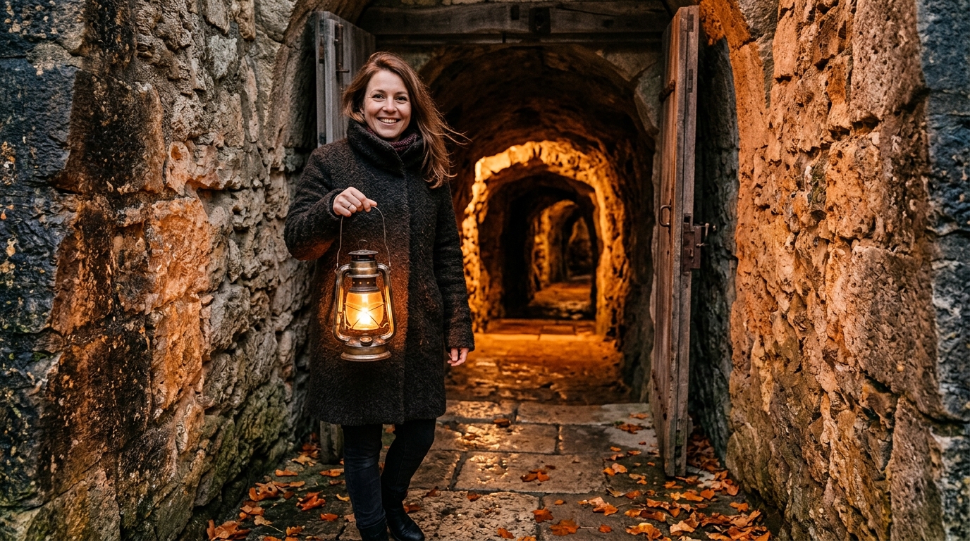 Femme avec une lanterne à l'entrée des souterrains de Provins