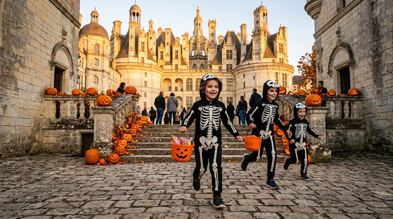 Enfants déguisés en squelettes dans la cour d'un château de la Loire