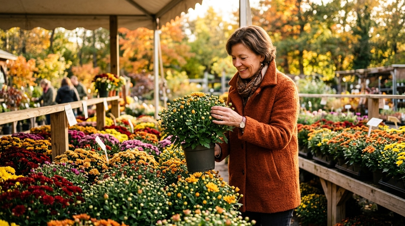 Femme choisissant des chrysanthèmes aux boutons fermés